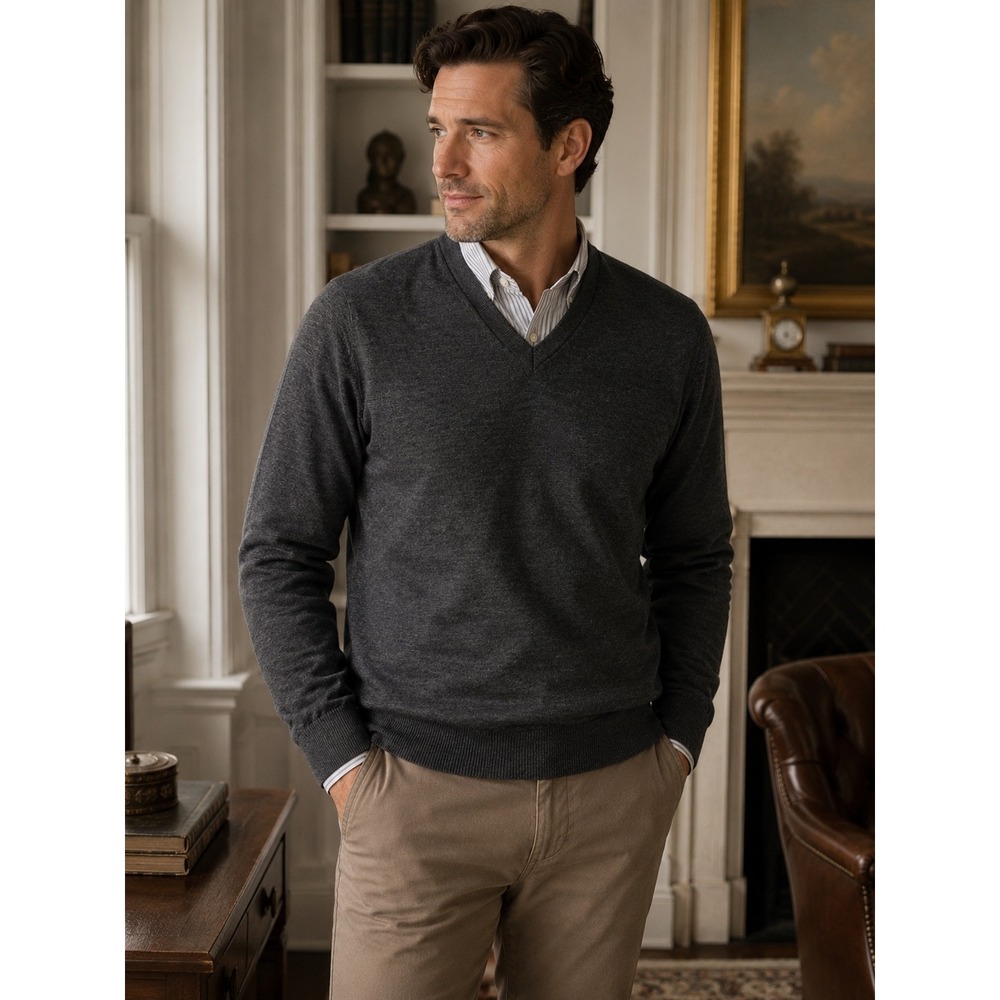 Marz Mens Charcoal Gray 100% Merino Wool V-Neck Fine Knit Sweater Size Medium